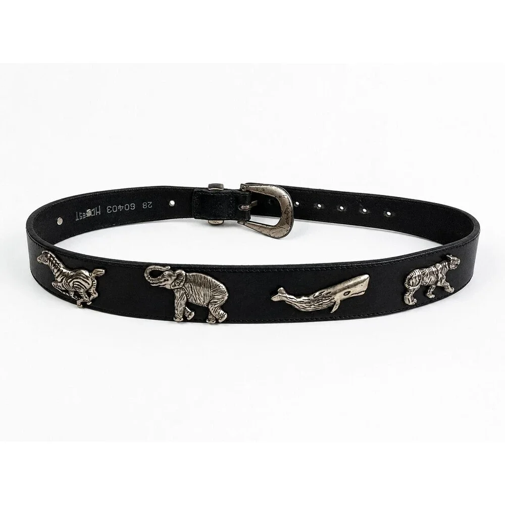 Honest Black Leather Concho Belt 28 Animals Elephant Turtle Whale Solid Brass